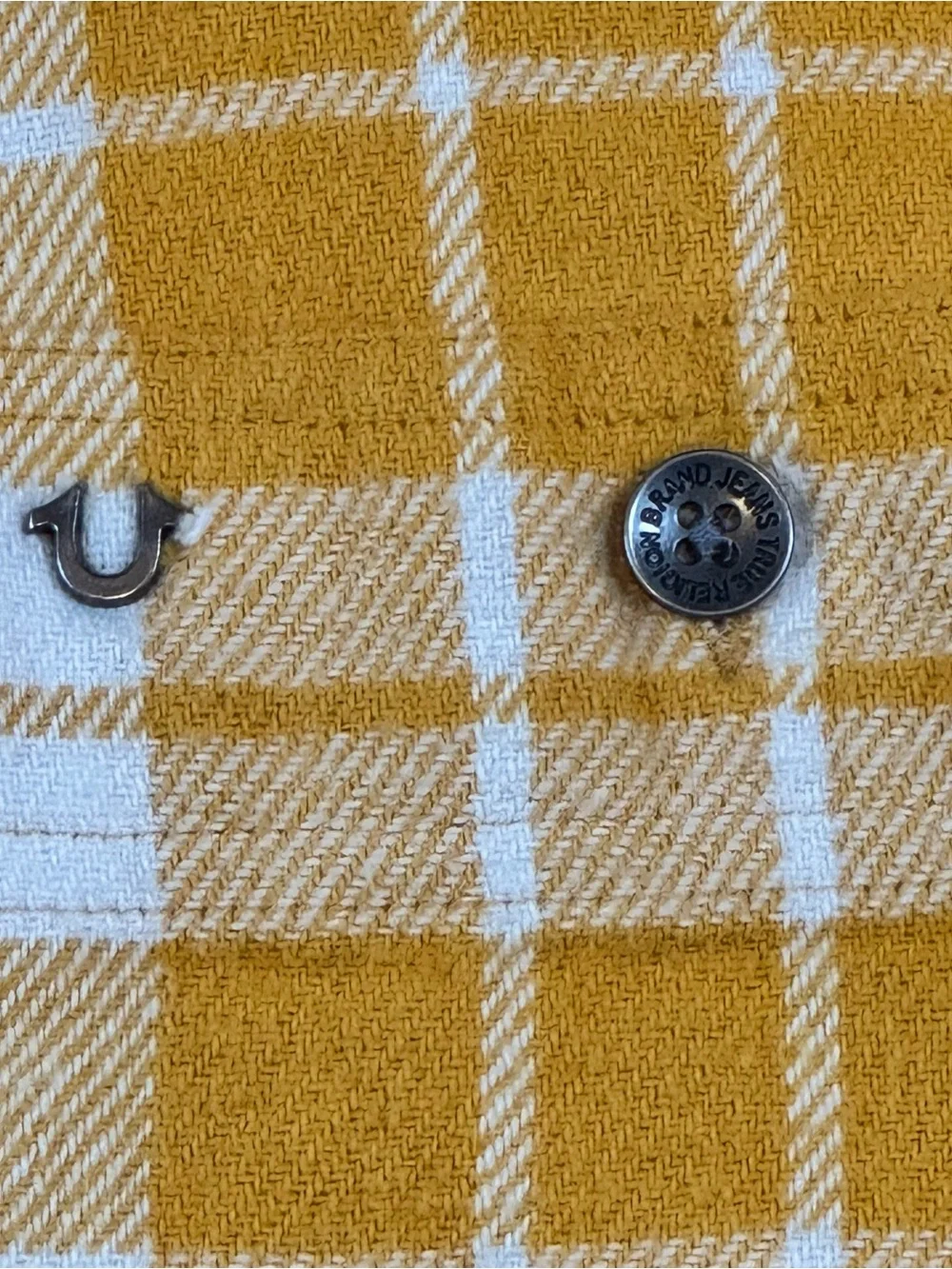 True Religion Yellow White Plaid Flannel Shirt Men’s XL Long Sleeve Button Up